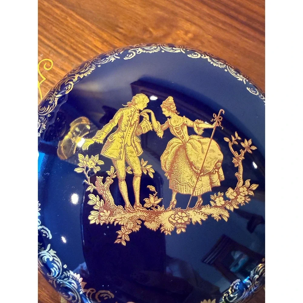 Vintage Limoges Cobalt Blue Gold Trinket Box, French Porcelain 4.5